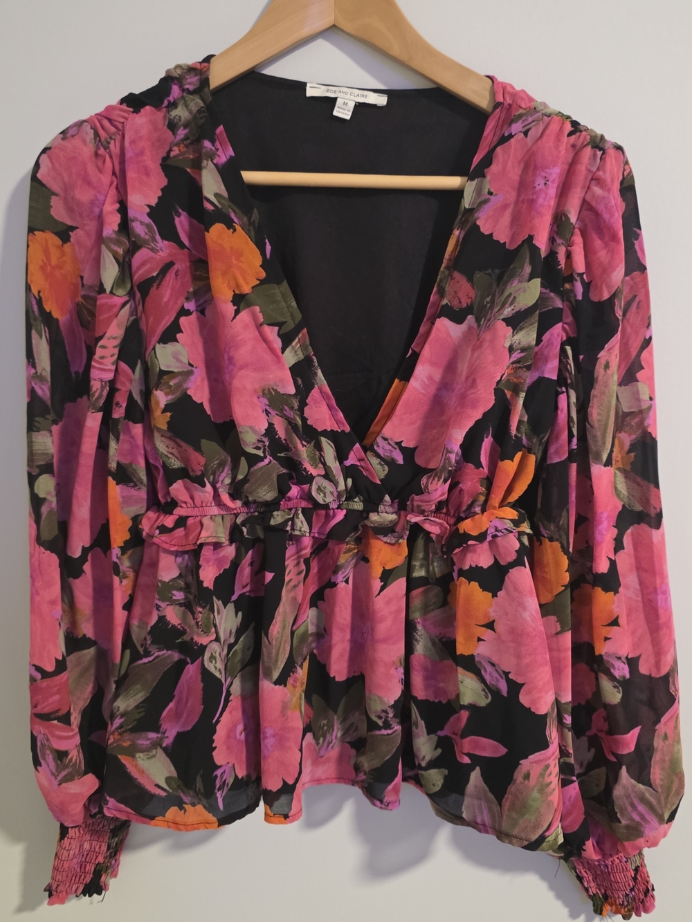 Zoe and Claire Floral Peplum Blouse Women’s Medium Pink Black Long Sleeve